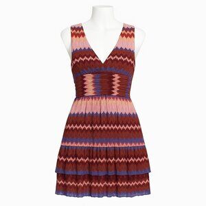 Ramy Brook Laura Knit Zigzag Metallic Tiered Mini Dress V-Neck Medium NEW